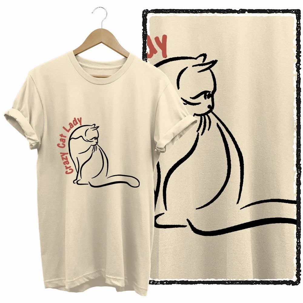Beige Cat Graphic 100% Cotton T-Shirt – Women's Loose Casual Tee