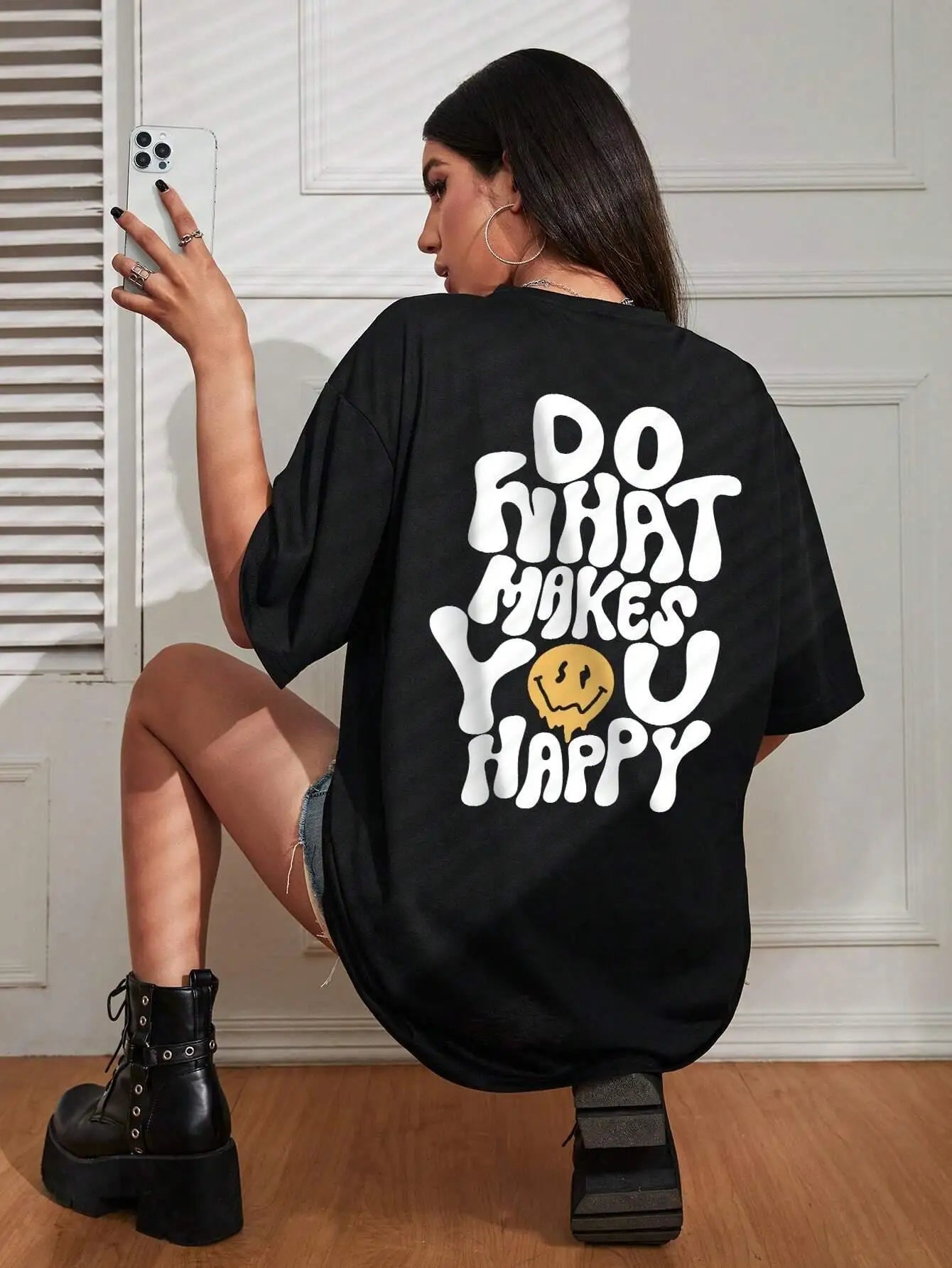 Women's "Do What Makes You Happy" Graphic T-Shirt | Cotton Oversized Street Casual Short Sleeve Tee