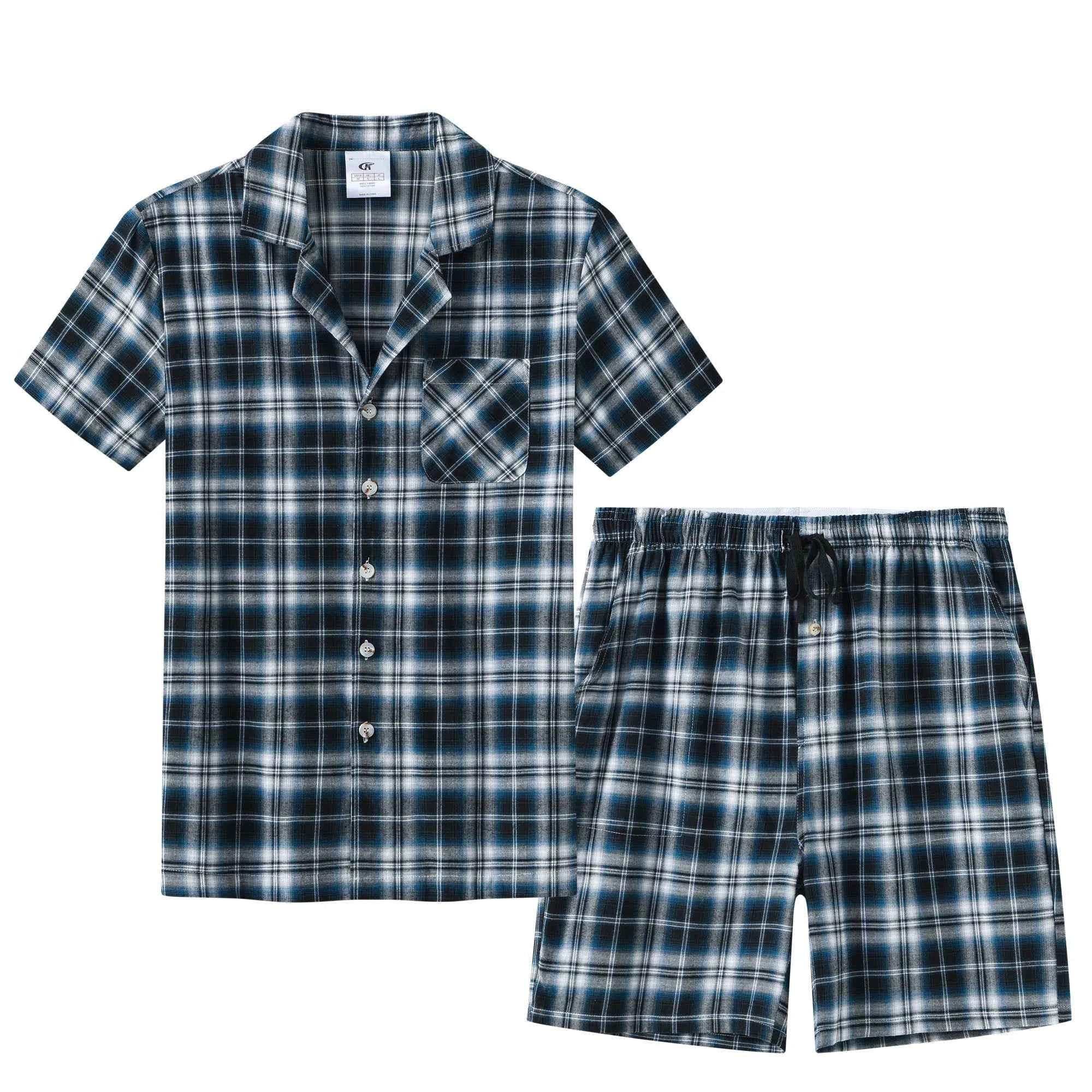 Men's Cotton Short Pajama Set | 2-Piece Breathable Button Top & Elastic Shorts Summer Loungewear