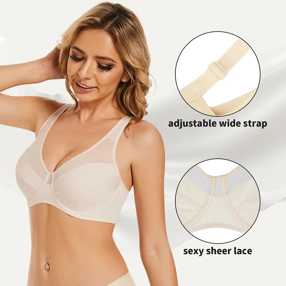 Plus Size V-Neck Minimizer Bra | Lace Mesh Underwire Full Coverage Non-Padded Ultra-Thin