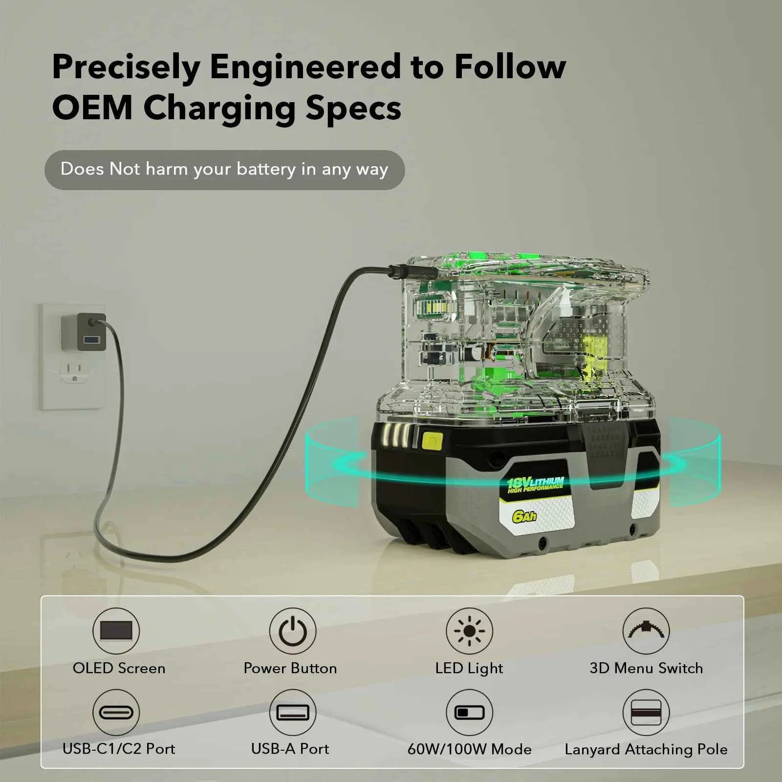 Power source charger for Ryobi 18V batteries with OLED display – image 5