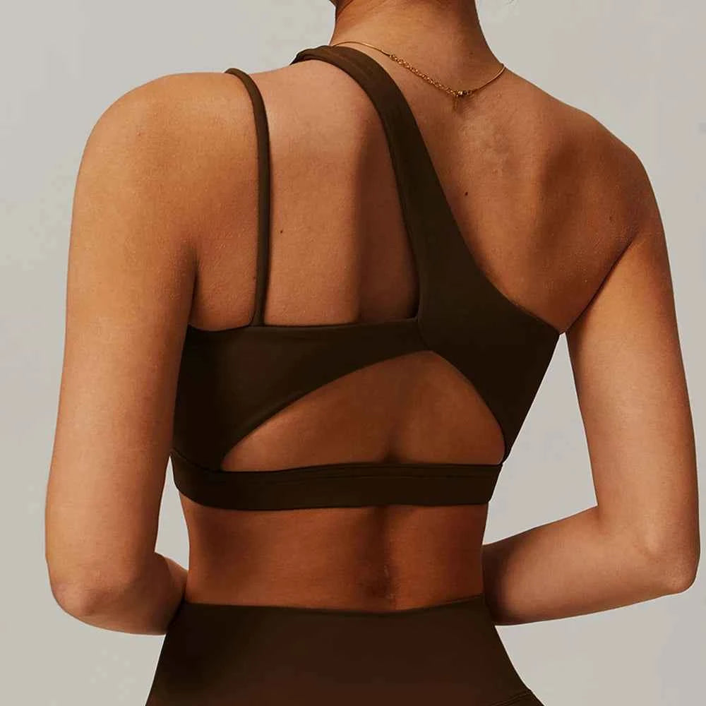 Women's Oblique Shoulder Yoga Bra | Hollow-Out Back Push-Up Gym Running Fitness Vest Workout Top