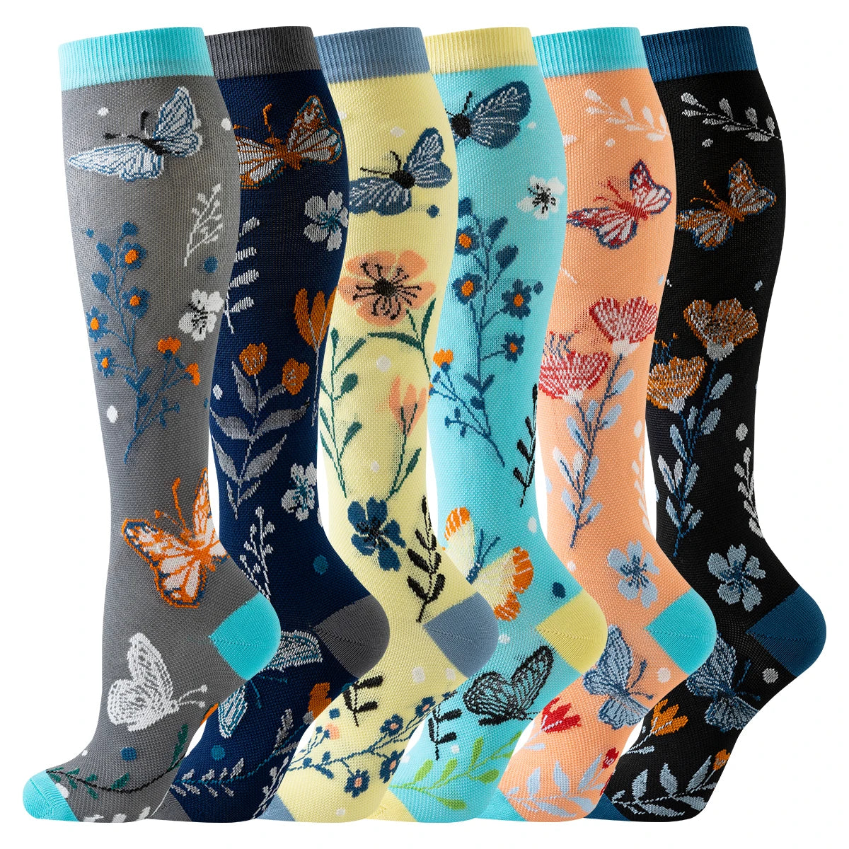 6 Pack Compression Socks — Floral & Butterfly Design, Knee-High Support for Sports & Nurses