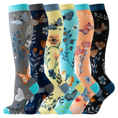 6 Pack Compression Socks — Floral & Butterfly Design, Knee-High Support for Sports & Nurses