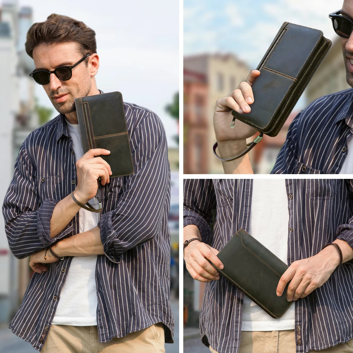 Genuine Leather Family Passport Wallet with AirTag Slot – Boarding Pass, Card & Pen Holder