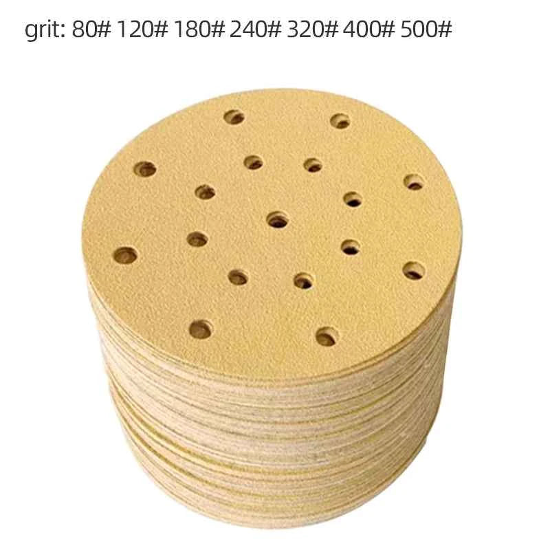 Gold 6-Inch 17-Hole Sanding Discs 150mm | Dry Flocking Round Sandpaper 80–500 Grit for Car Putty Wood