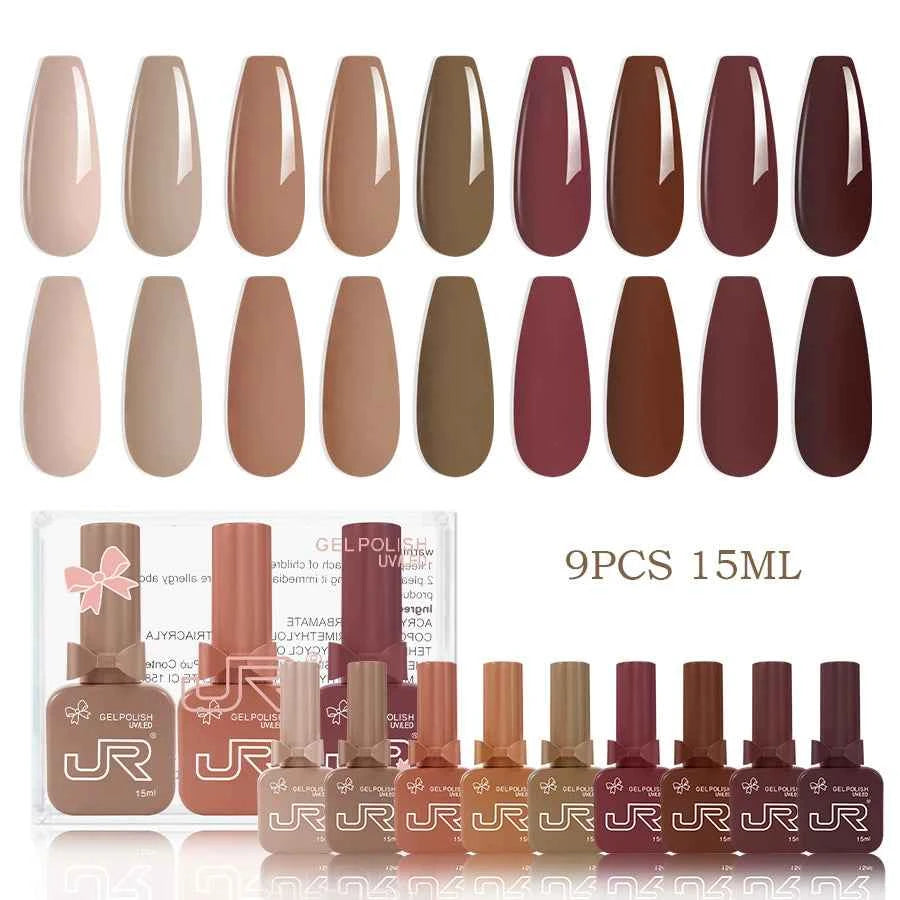 9pcs 15ml gel nail polish set Including Red Pink Nude - 10 Variants