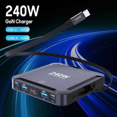 240W GaN Desktop Charger | Digital Display + 100W Retractable USB-C Cable Fast Charger Phone Laptop