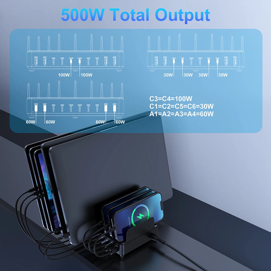 500W USB C Charger 10 Ports GaN Charging Station Stand by Snagg A Charging Station