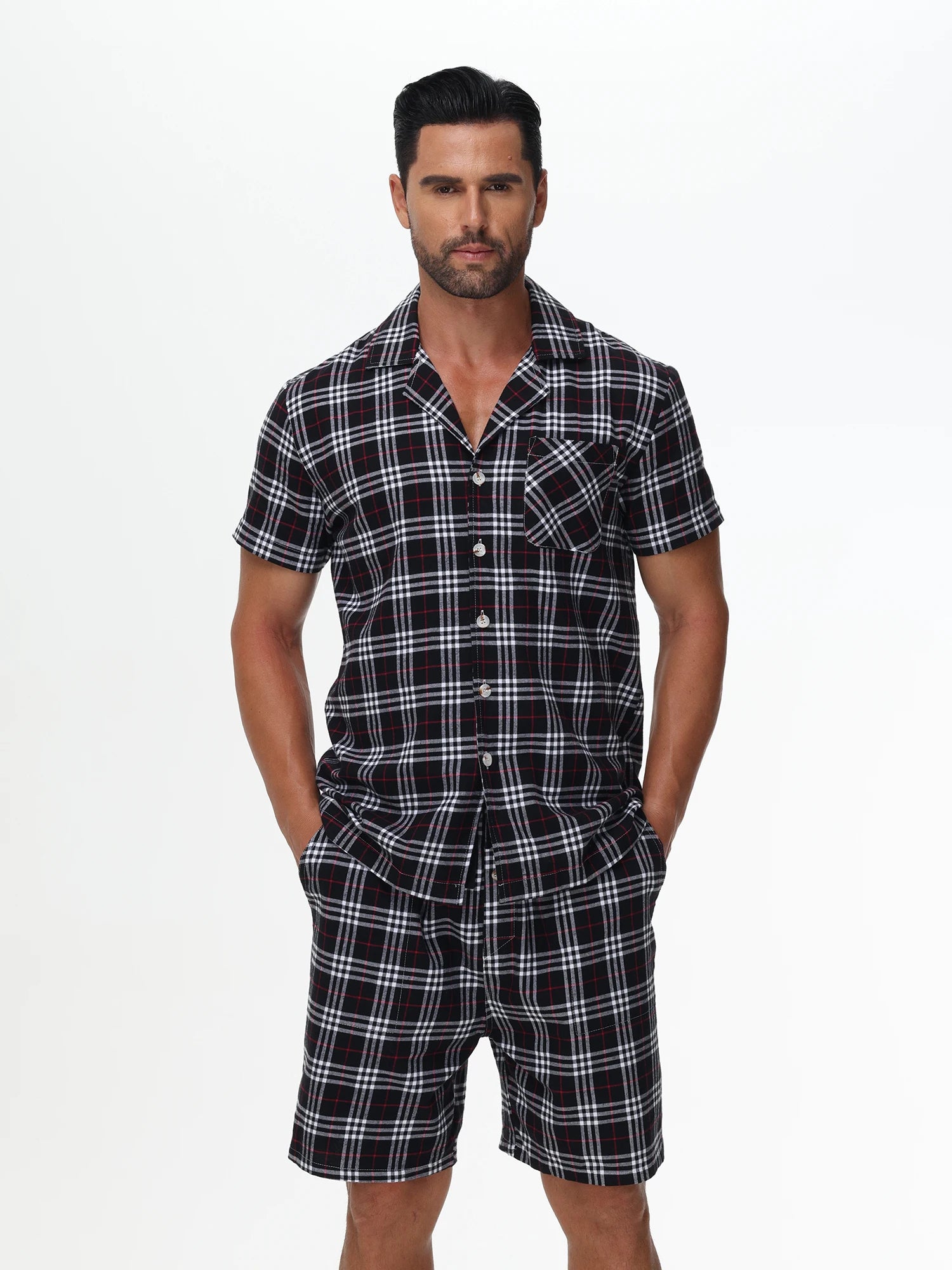 Men's Cotton Short Pajama Set | 2-Piece Breathable Button Top & Elastic Shorts Summer Loungewear