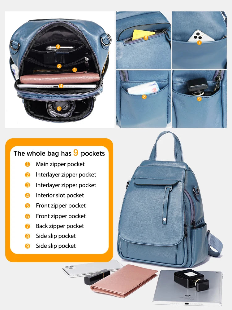 Genuine Leather Women's Fashion Backpack – High-Quality School & Travel Shoulder Bag with Multifunctional Pockets
