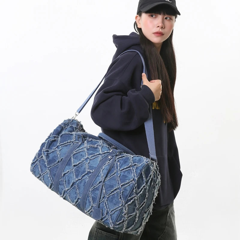 Denim Ripped-Style Duffle Bag
