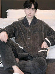 Men's Thickened Flannel Sleepwear Set | Coral Fleece Long Sleeve V-Neck Button Warm Loungewear