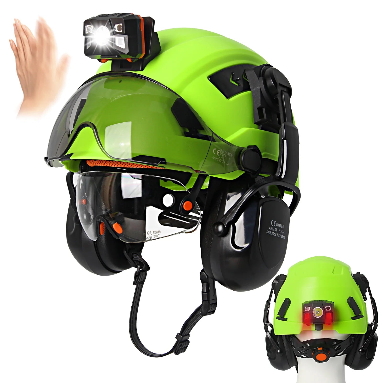 Construction safety helmet with head lamp and mounted earmuffs – image 7