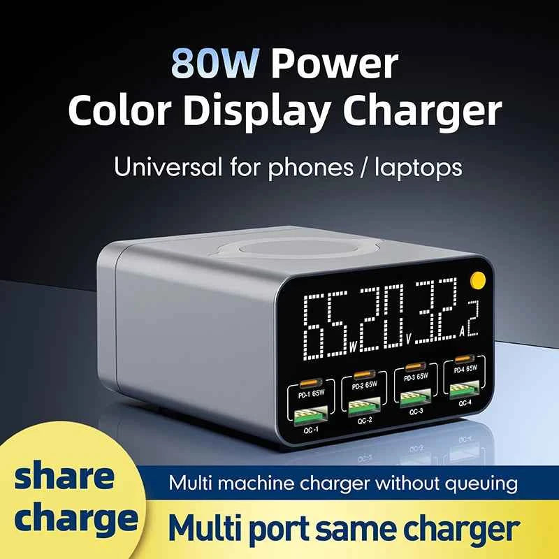 80W/120W 8-Port Charging Station | Digital Display USB-C Wireless Charger PD QC3.0 for Laptop Tablet Phone