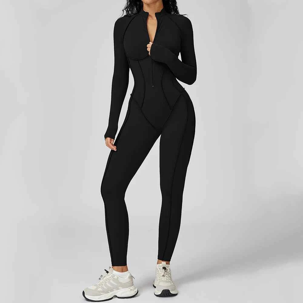 Women's Long Sleeve Yoga Bodysuit | Zipper One-Piece Gym Jumpsuit High-Intensity Fitness Tights