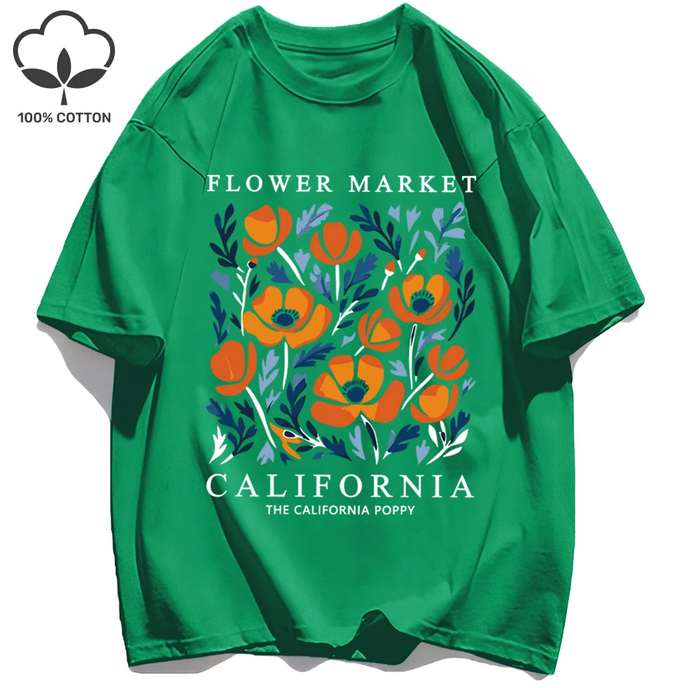 Women's California Yellow Flowers Market Print T-Shirt | Soft Cotton O-Neck Casual Crewneck Short Sleeve