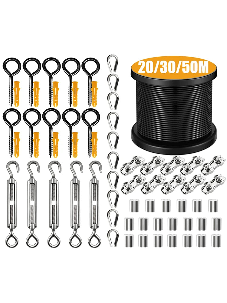 66pcs 3mm Black Stainless Steel Wire Rope Kit 20/30/50M | Heavy-Duty Balcony Railing Garden Farm Fence