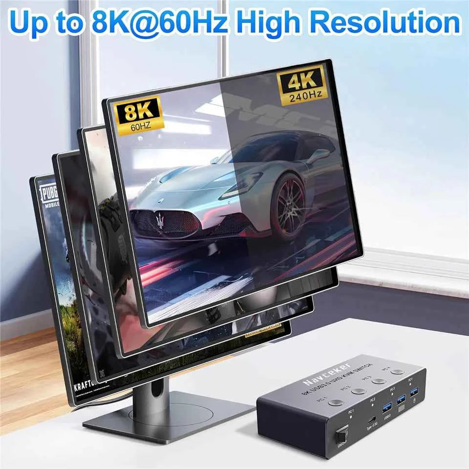 4K@240Hz / 8K KVM Switch HDMI 4-in-1 – 4 PC, 4-Port USB 3.0, Share 1 Monitor, Mouse & Keyboard