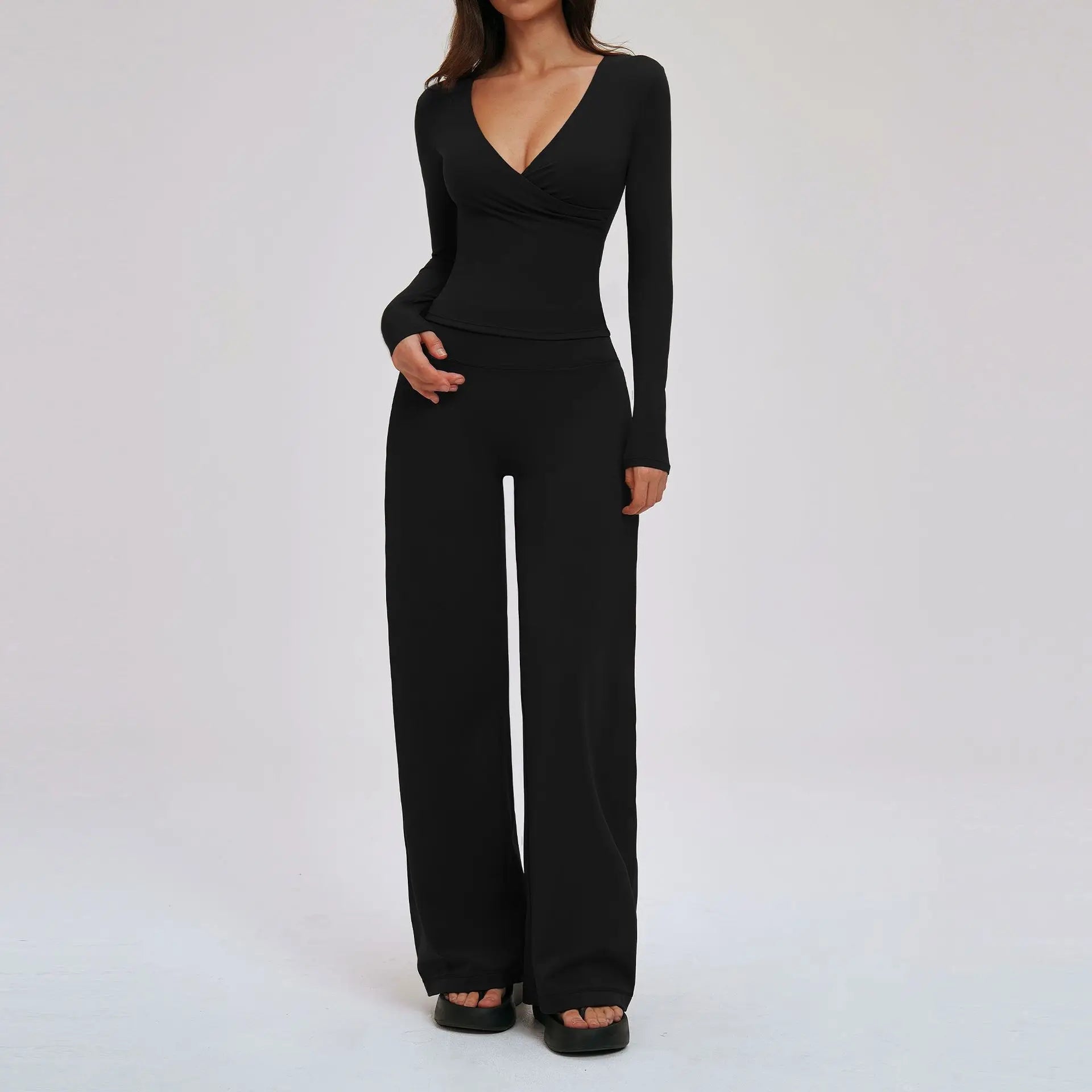 Women's 2-Piece Deep V Yoga Set | High Waist Flared Pants & Sports Bra Gym Fitness Tracksuit
