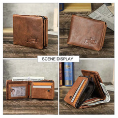 Crazy Horse Cowhide Leather Trifold Wallet with Zip Coin Pocket