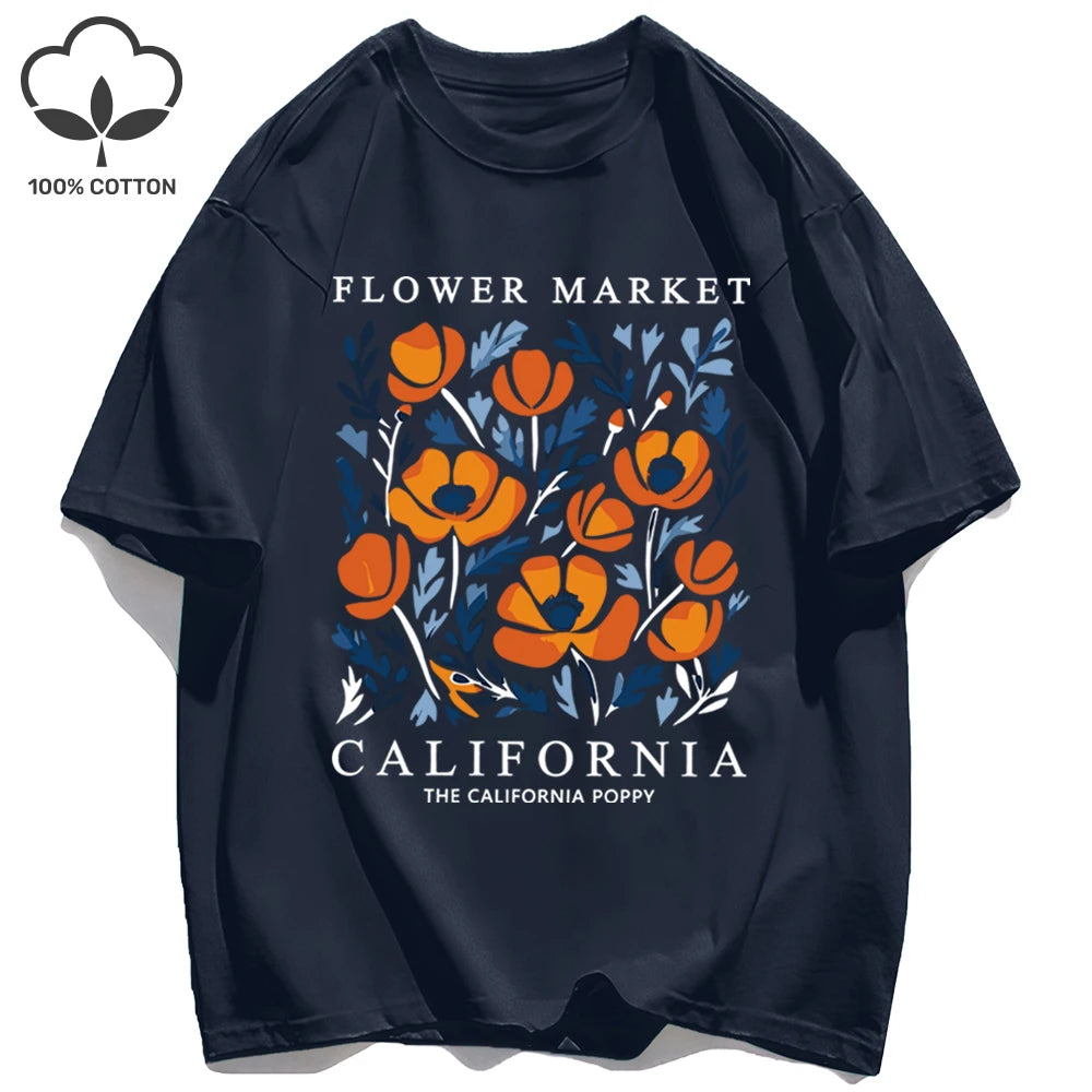 Women's California Yellow Flowers Market Print T-Shirt | Soft Cotton O-Neck Casual Crewneck Short Sleeve
