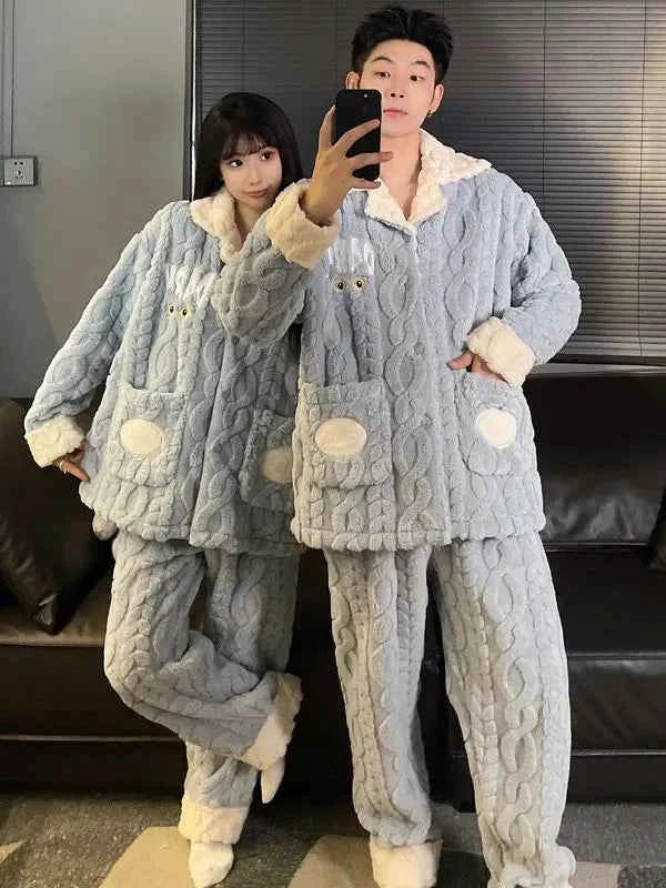 Men's Coral Fleece Pajama Set | Thickened Flannel Double-Breasted Long Sleeve Couple Sleepwear