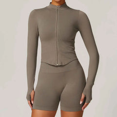 Women's Zipper Long Sleeve Yoga Jacket | Quick-Dry Seamless Crop Sports Top Gym Running Wear