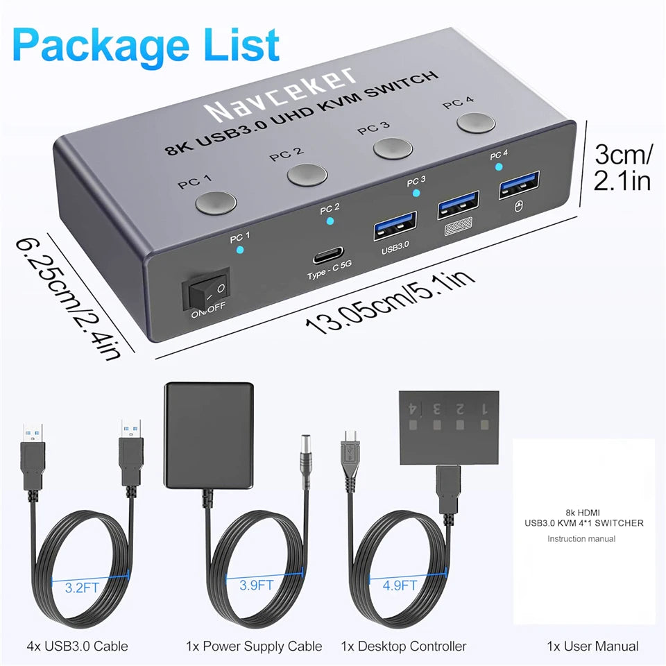 4K@240Hz / 8K KVM Switch HDMI 4-in-1 – 4 PC, 4-Port USB 3.0, Share 1 Monitor, Mouse & Keyboard