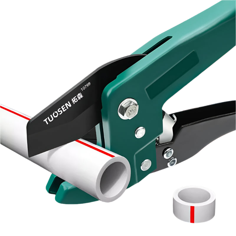 TUOSEN pipe cutter with a pipe and cut piece on a dark background