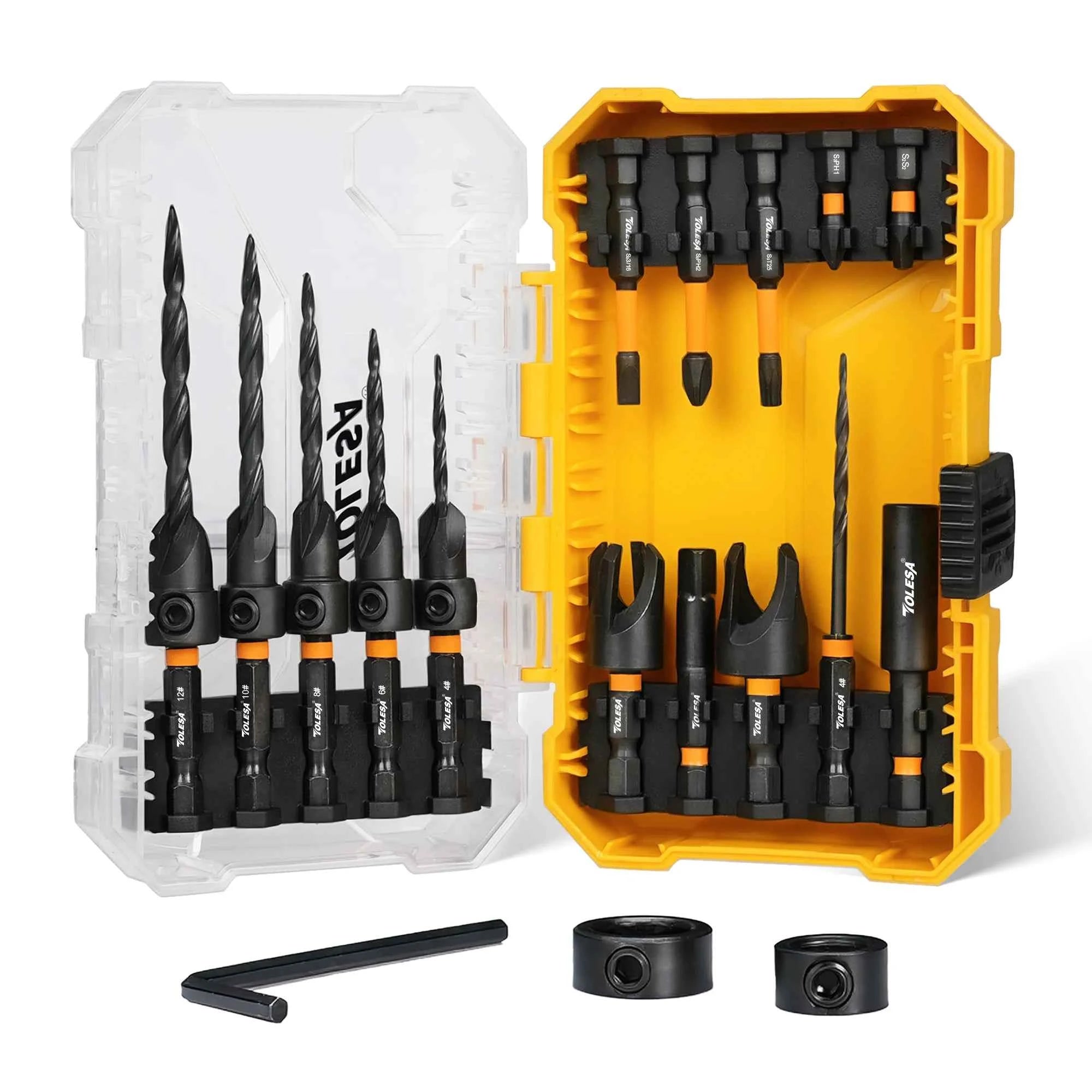 18pc Countersink Drill Bit Set for Wood | Tapered Bits Wood Plug Cutter Extension Bit Holder Screwdriver