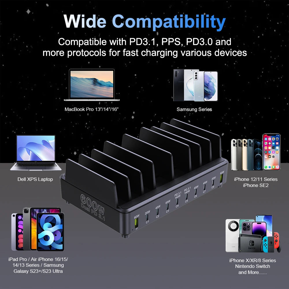 600W GaN 10-Port PD3.1 Charging Station Stand | Multi USB Fast Charger MacBook iPhone iPad Samsung Laptop