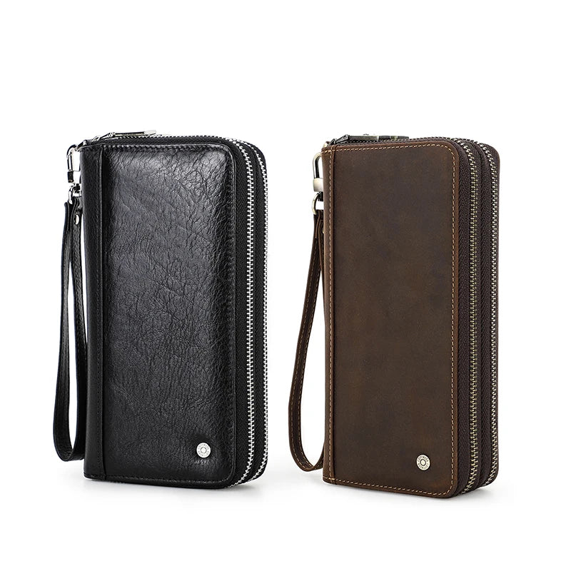 Genuine Leather Long Wallet Clutch with Double Zipper & Card Holders