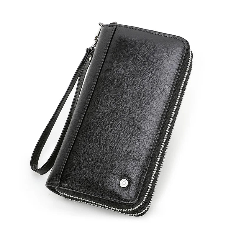 Genuine Leather Long Wallet Clutch with Double Zipper & Card Holders