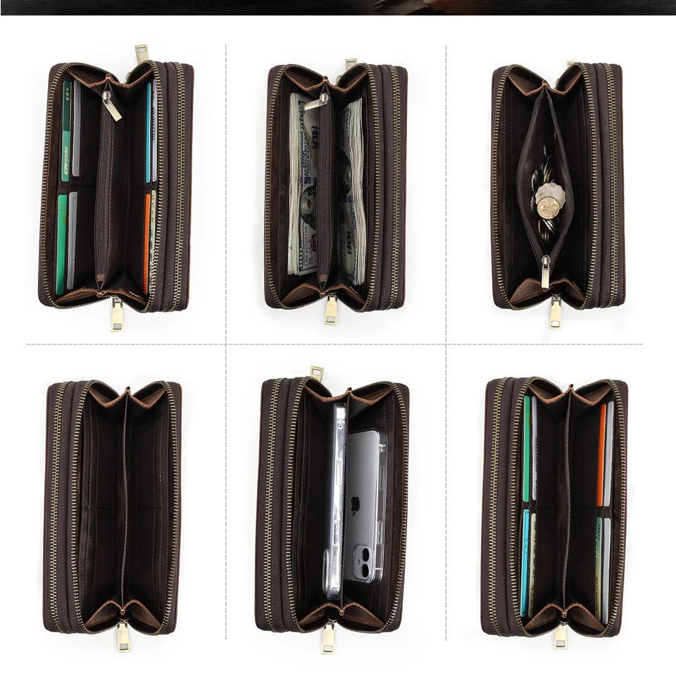 Genuine Leather Long Wallet Clutch with Double Zipper & Card Holders