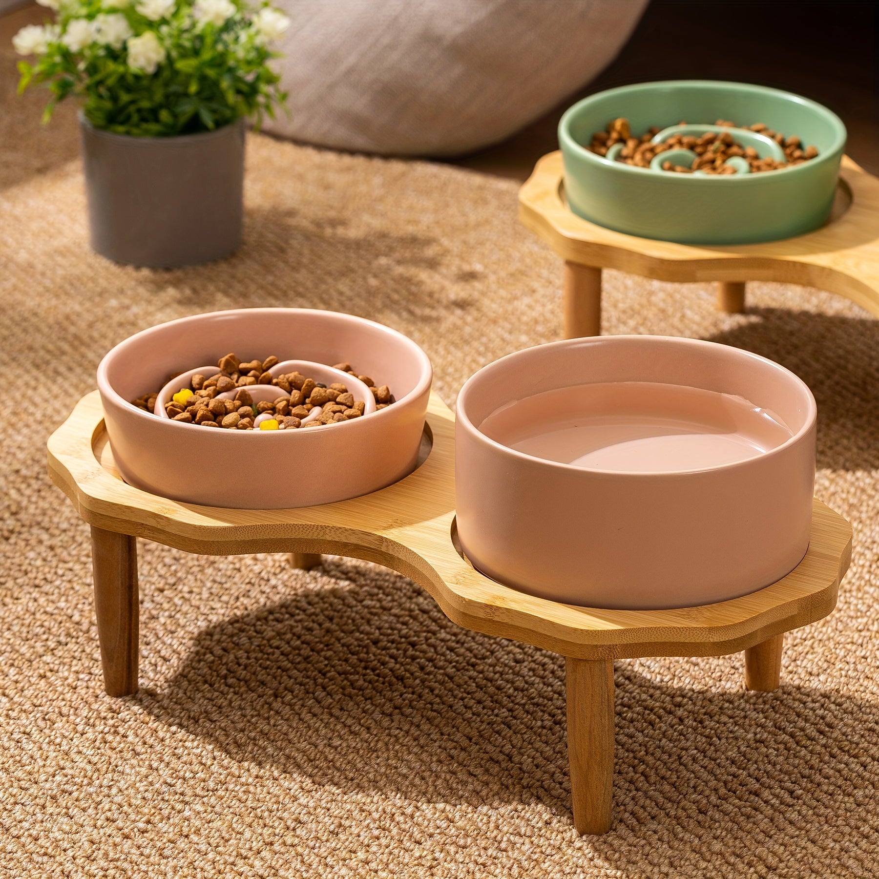 Slow Food Ceramic Cat & Dog Bowl with Elevated Wooden Stand by Snagg A Feeder