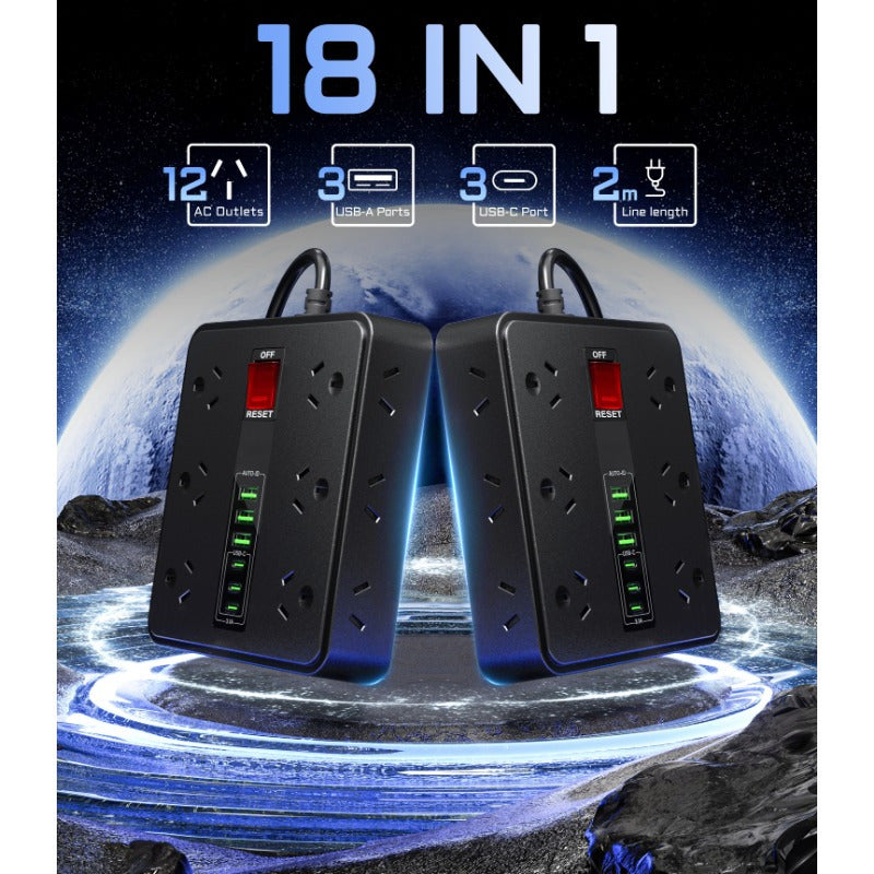 18-in-1 Powerboard with USB-C | Surge Protector Power Strip (2m Extension) by Snagg An Extension Cable