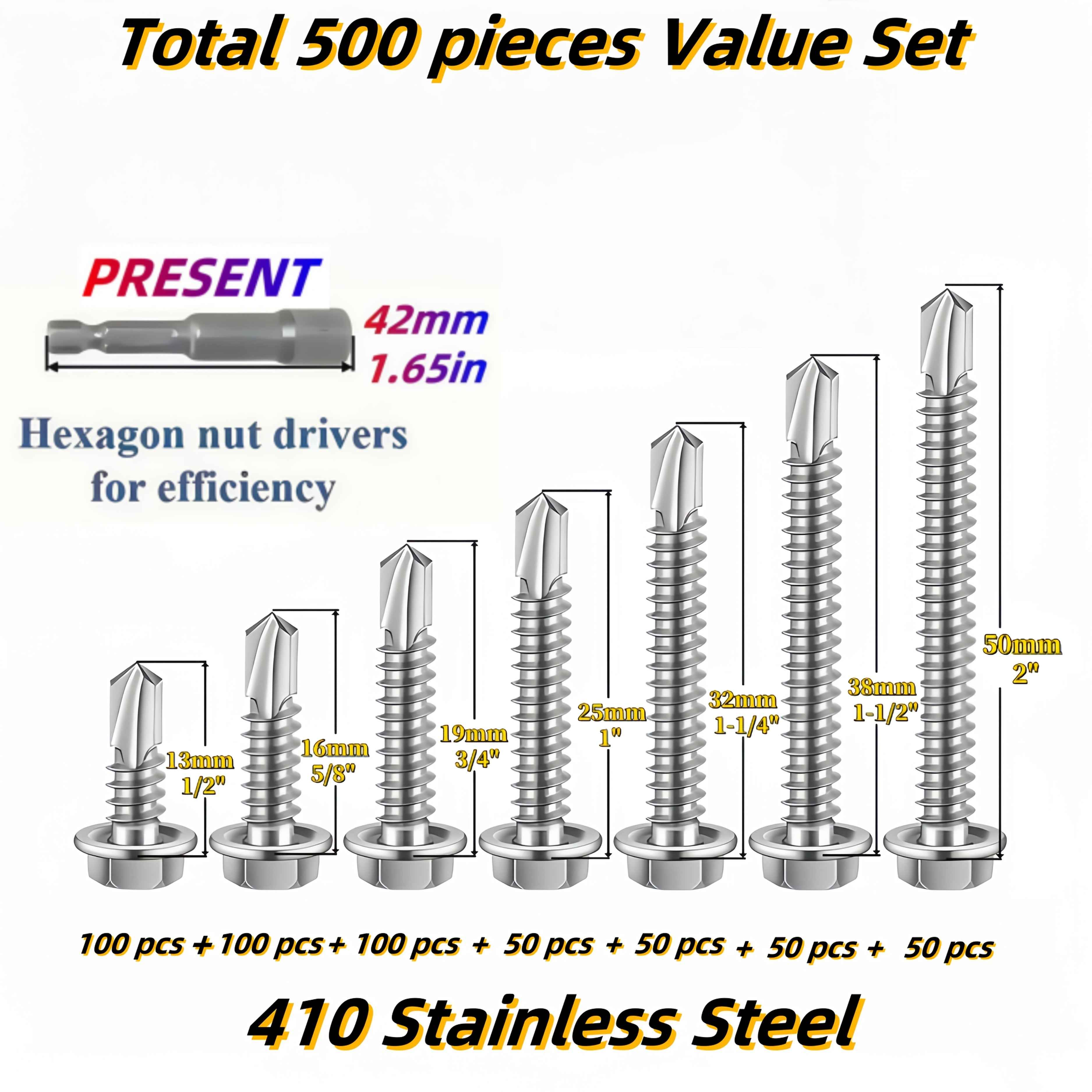 500 Pieces #8 Self Drilling TEK Screw Kit - 7 sizes - Power Tools Gadget
