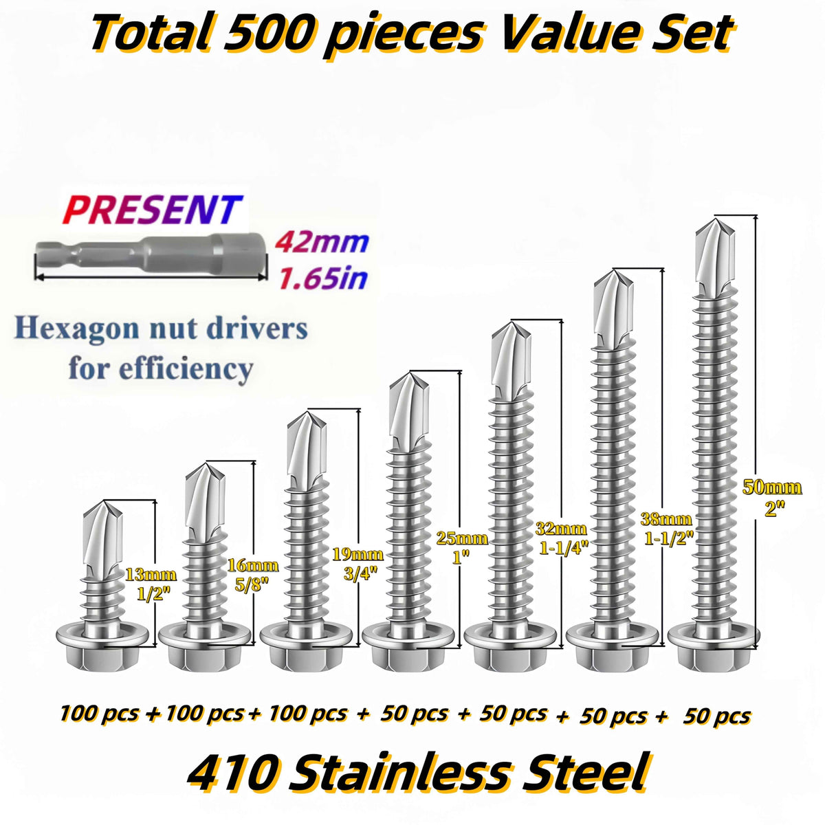 500 Pieces #8 Self Drilling TEK Screw Kit - 7 sizes - Power Tools Gadget