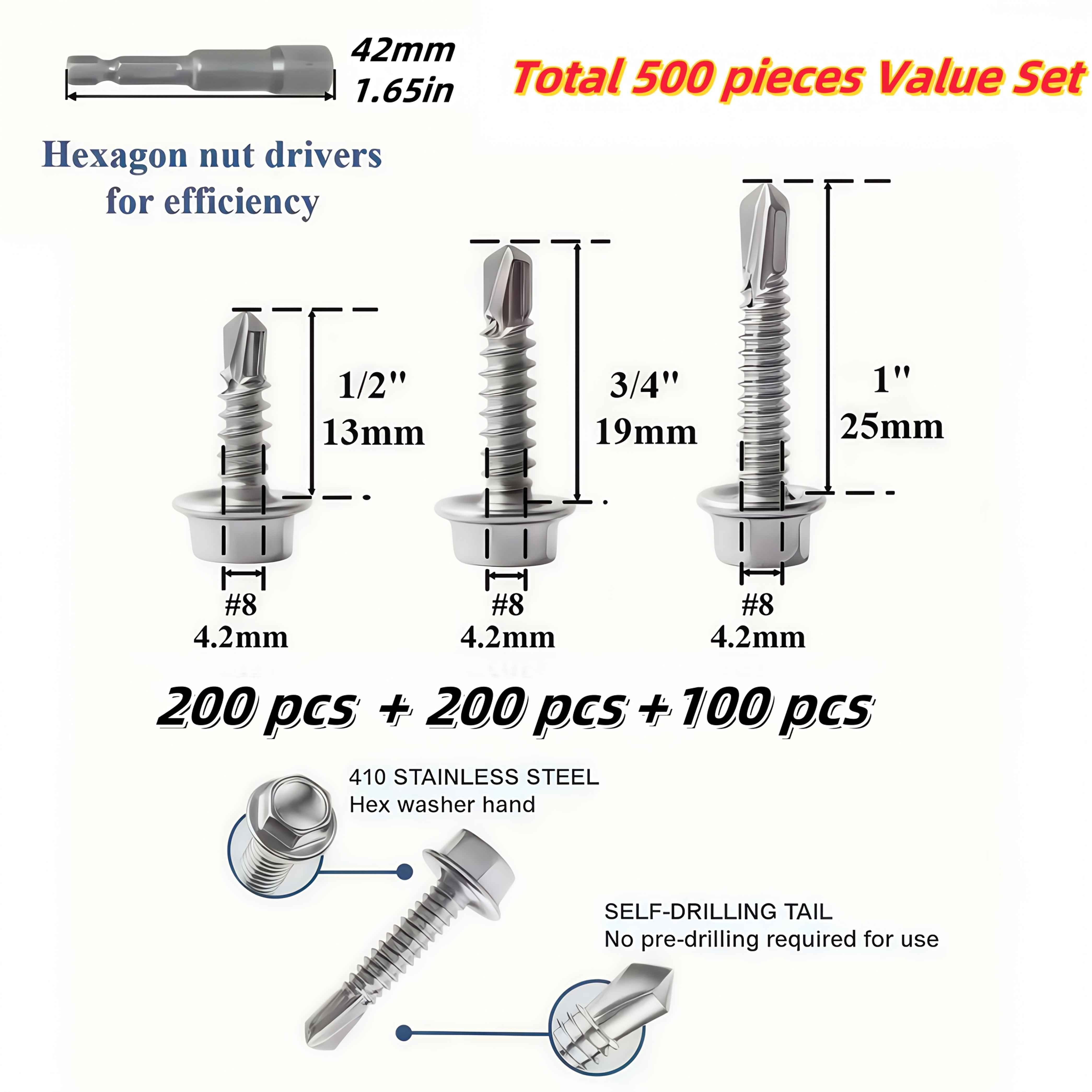 500 Pieces #8 Self Drilling TEK Screw Kit - 3 sizes - Power Tools Gadget