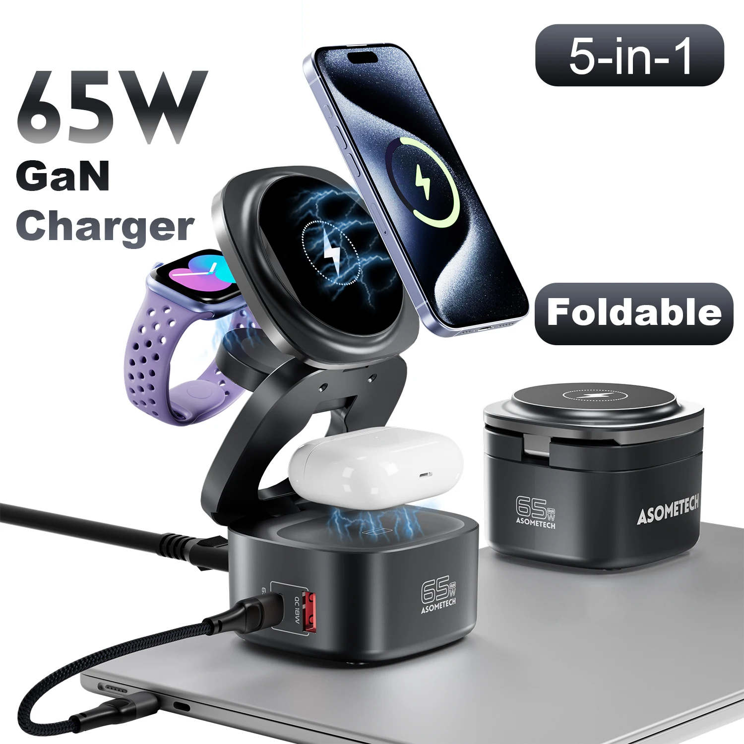 65W GaN USB-C 5-in-1 Foldable Magnetic Wireless Charging Station | MacBook iPhone Apple Watch AirPods