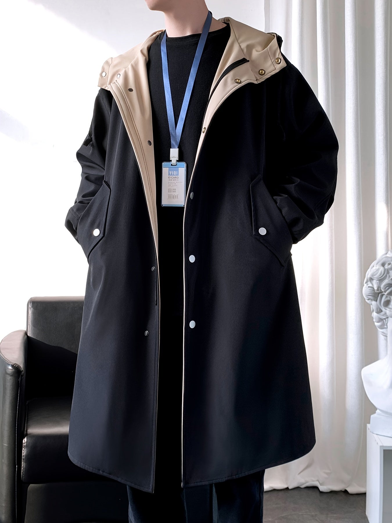 Men’s Mid-Length Beige Hooded Trench Coat by Snagg A Coat