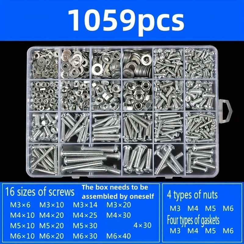 1059 Pcs Nuts & Bolts Assortment - M3/M4/M5/M6 Machine Screws Washers with Mixed Heads - 1set - Power Tools Gadget