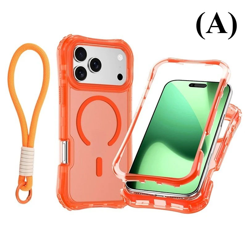 Shockproof Armor 3 in 1 Magnetic Case with Wrist Strap – for iPhone 17 Series - A - Orange / iPhone17 Pro - Phone Cases