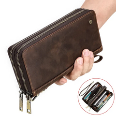 Genuine Leather Long Wallet Clutch with Double Zipper & Card Holders