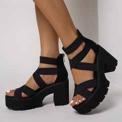 Women’s Platform Sandals Chunky Mid-Heel with Elastic Ankle Straps & Side Zipper by Snagg A Shoes