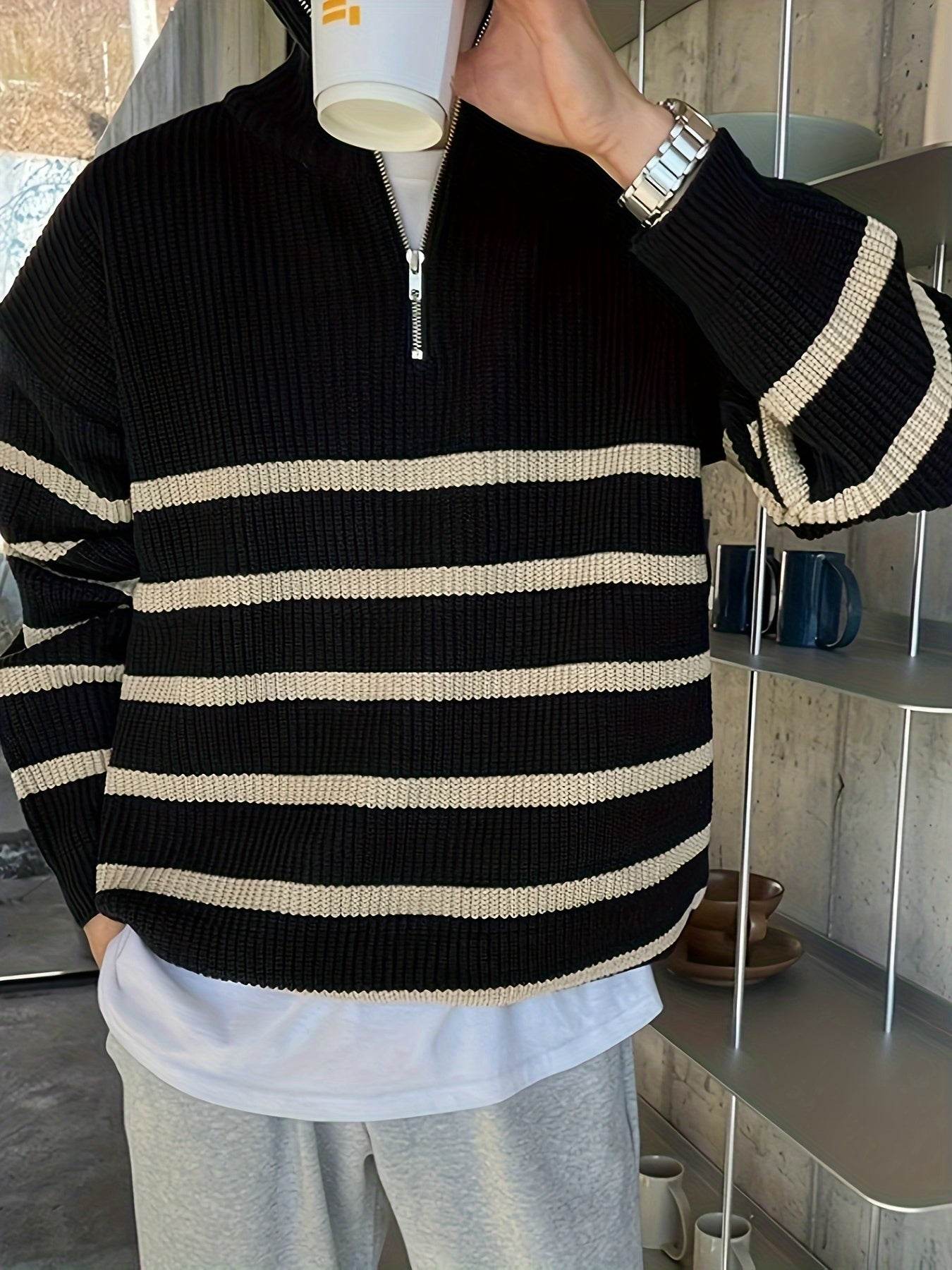 Casual Knitted Men’s Pullover with High Neck & Quarter Zip - SnaggIt