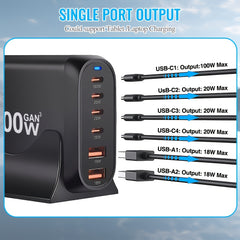 200W Ultra Fast Charging Adapter — 6 Port Power Hub (4× USB-C + 2× USB-A)