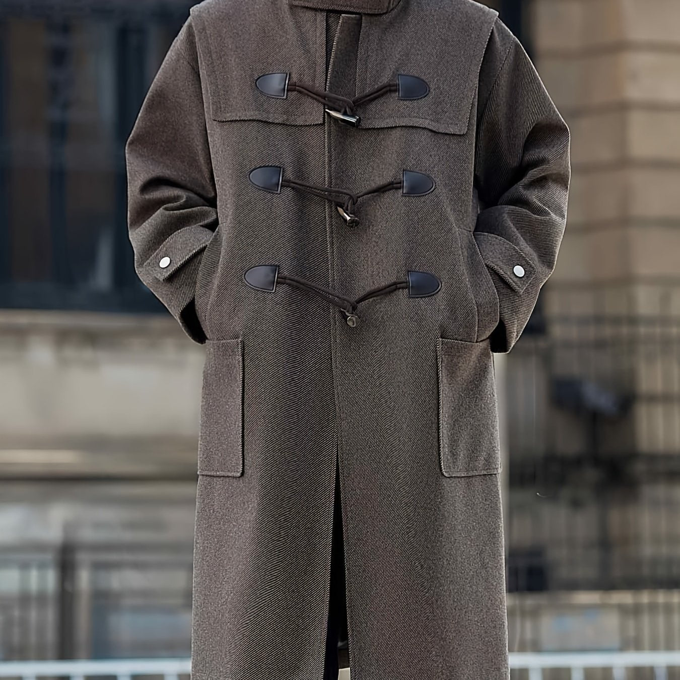 Men’s Casual Long-Length Tweed Coat with Hood & Horn Buttons by Snagg A Coat