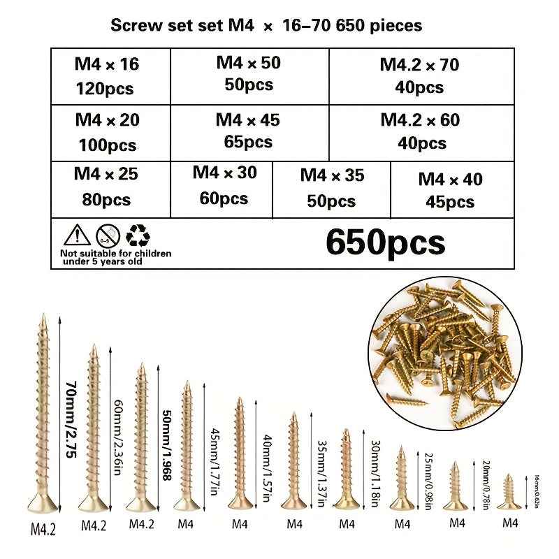 650 Piece M4 Galvanized Screw Set (16–70mm Assorted Sizes) - Pcs combination set - Power Tools Gadget